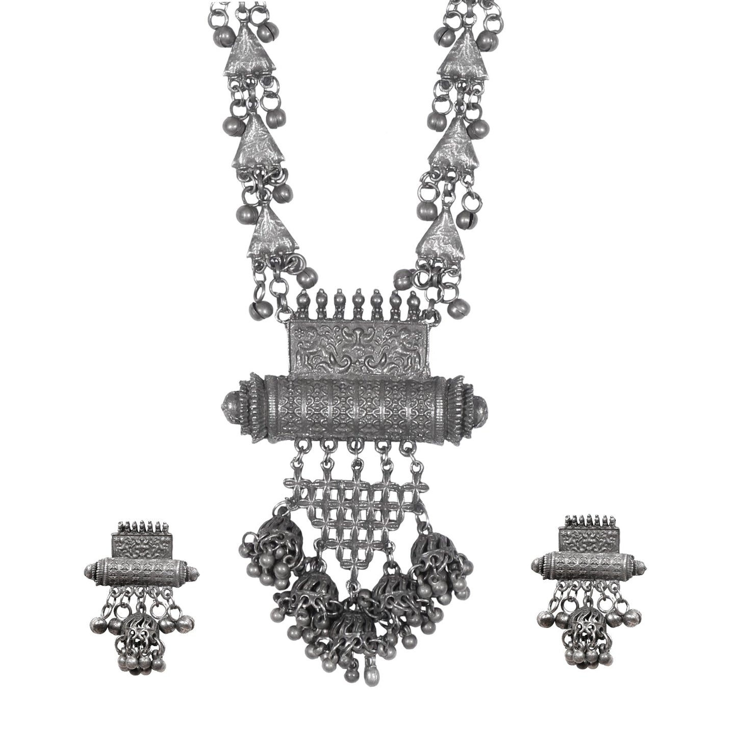 Traditional Indian Handcrafted Real Authentic Silver Look Jewellery Necklace Set With Matching Earrings For Girls & Women (SJ_2915) - Shining Jewel