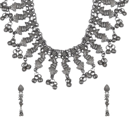 Traditional Indian Handcrafted Real Authentic Silver Look Peacock Jewellery Necklace Set With Matching Earrings For Girls & Women (SJ_2916) - Shining Jewel