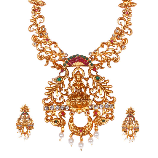 Traditional Indian Handcrafted 18K Antique Gold Plated Godess Lakshmi Temple Jewellery Necklace With Matching Earring For Women (SJ_2917) - Shining Jewel