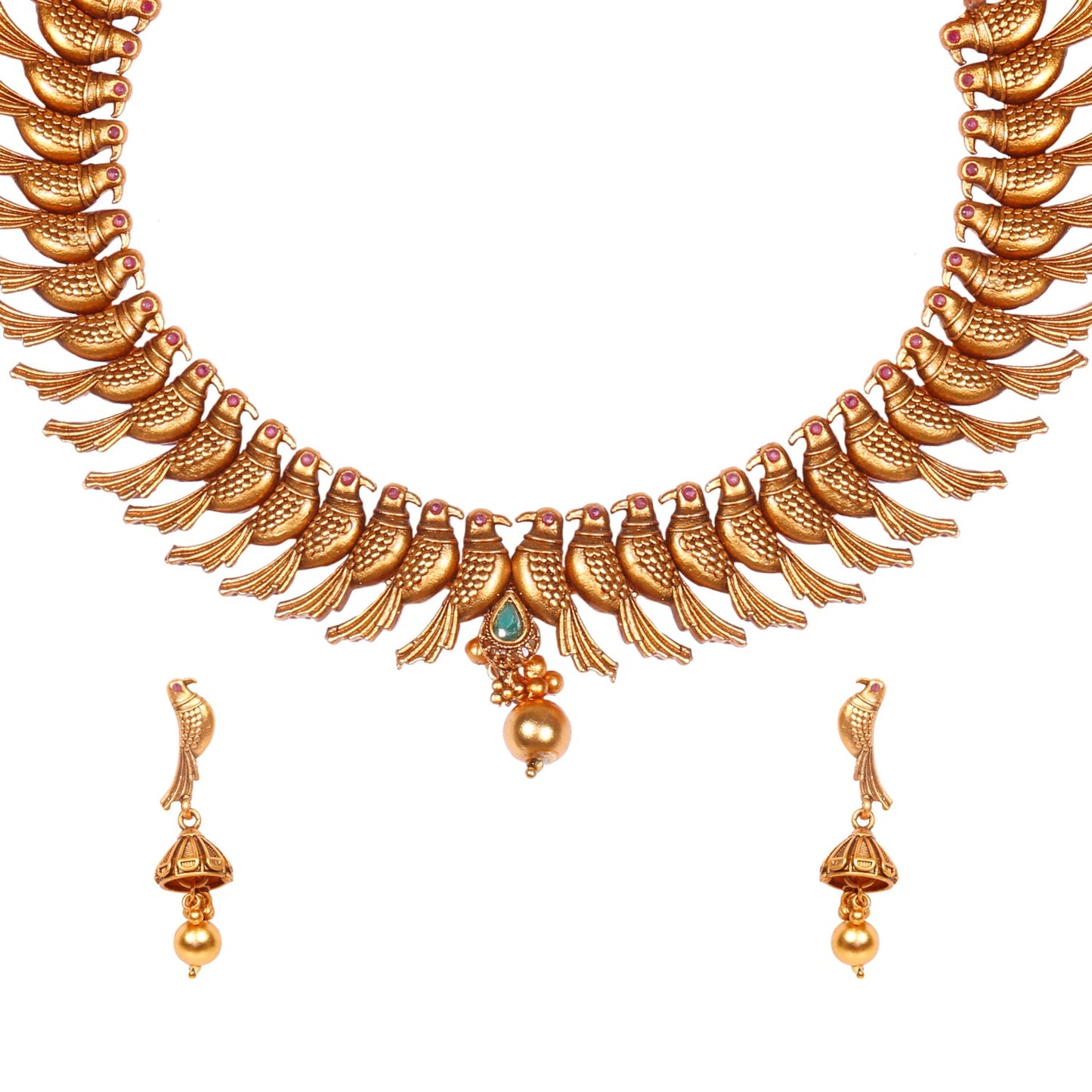 Traditional Indian Handcrafted 18K Antique Gold Plated Temple Parrot Jewellery Necklace With Matching Earring For Women (SJ_2918) - Shining Jewel