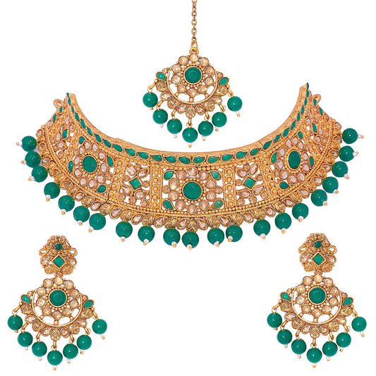 Traditional Indian 18K Antique Gold Plated One Gram Wedding Bridal Jewellery Combo Necklace Set with Tikka and Earrings for Women (SJ_2919_G)