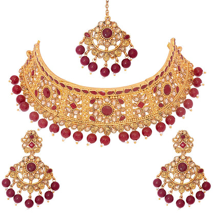 Traditional Indian 18K Antique Gold Plated One Gram Wedding Bridal Jewellery Combo Necklace Set with Tikka and Earrings for Women (SJ_2919_M)
