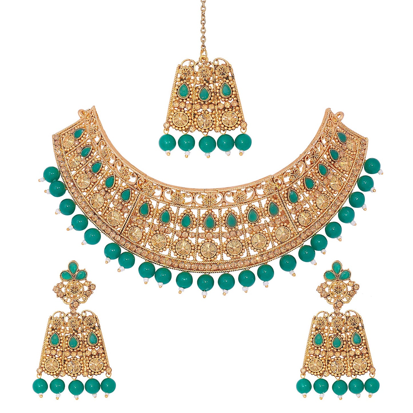 Shining Jewel 18K Antique Gold Plated One Gram Traditional Wedding Bridal Jewellery Combo Necklace Set with Tikka and Earrings for Women (SJ_2920_G)