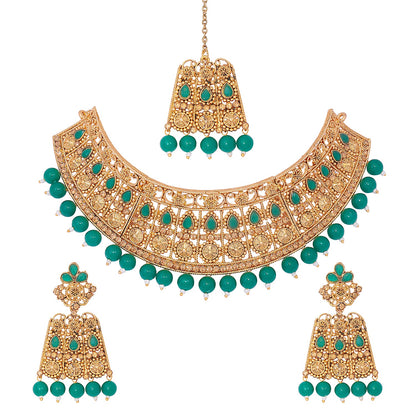 Shining Jewel 18K Antique Gold Plated One Gram Traditional Wedding Bridal Jewellery Combo Necklace Set with Tikka and Earrings for Women (SJ_2920_G)