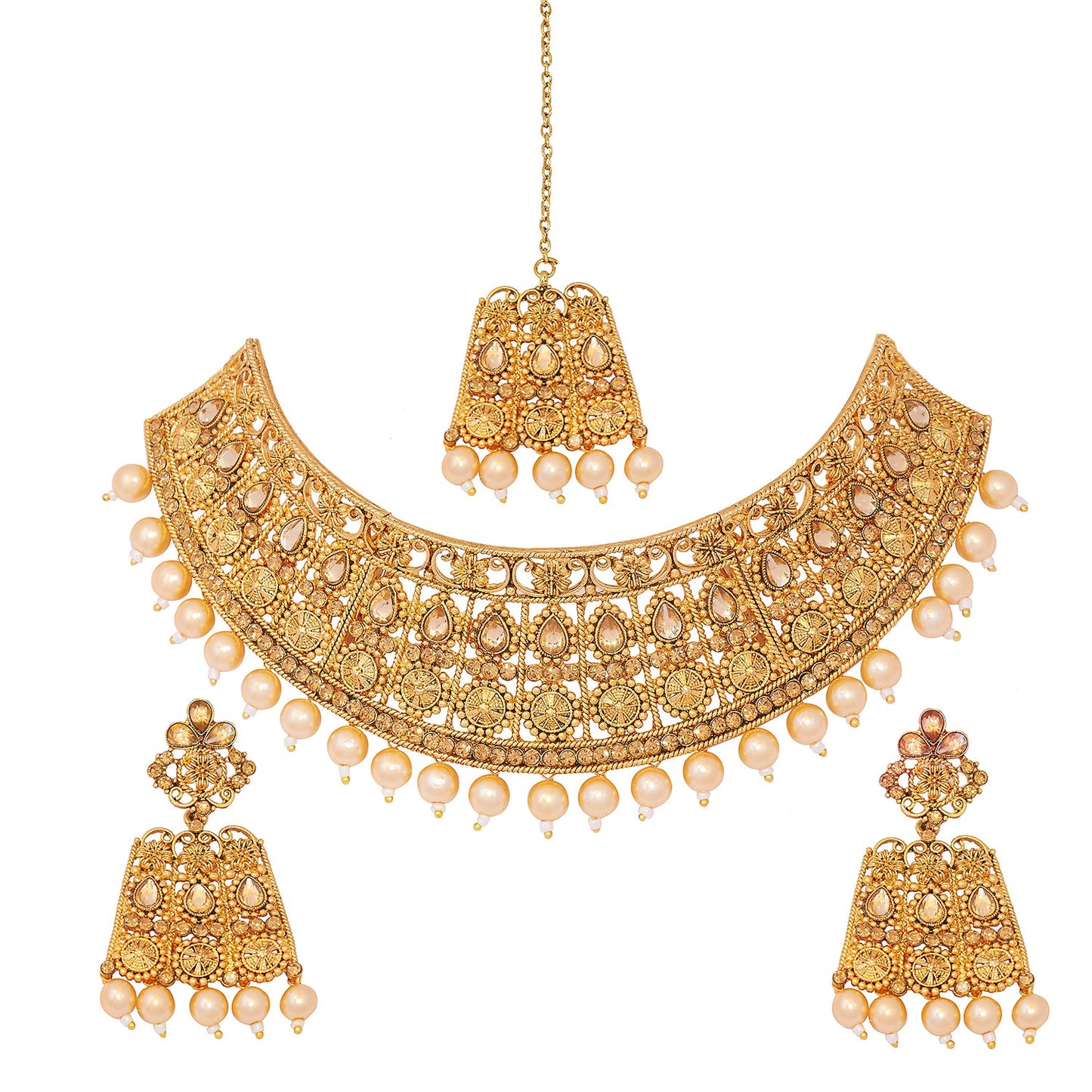Traditional Indian 18K Antique Gold Plated One Gram Wedding Bridal Jewellery Combo Necklace Set with Tikka and Earrings for Women (SJ_2920_LC)