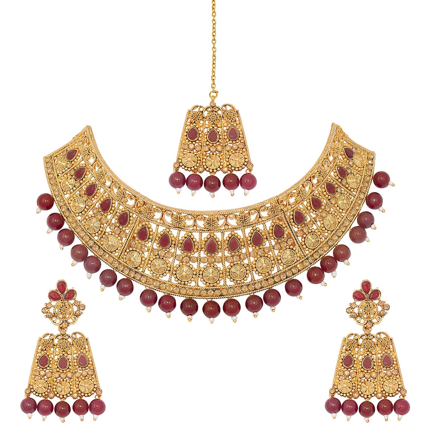 Traditional Indian 18K Antique Gold Plated One Gram Wedding Bridal Jewellery Combo Necklace Set with Tikka and Earrings for Women (SJ_2920_M)