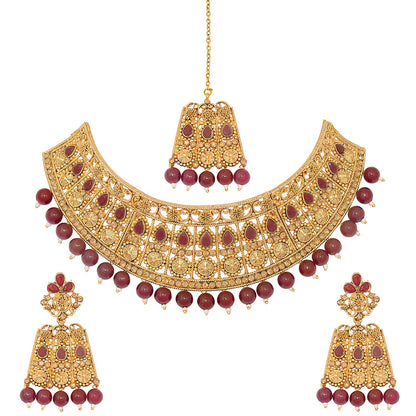 Traditional Indian 18K Antique Gold Plated One Gram Wedding Bridal Jewellery Combo Necklace Set with Tikka and Earrings for Women (SJ_2920_M)