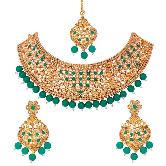 Traditional Indian 18K Antique Gold Plated One Gram Wedding Bridal Jewellery Combo Necklace Set with Tikka and Earrings for Women (SJ_2921_G)