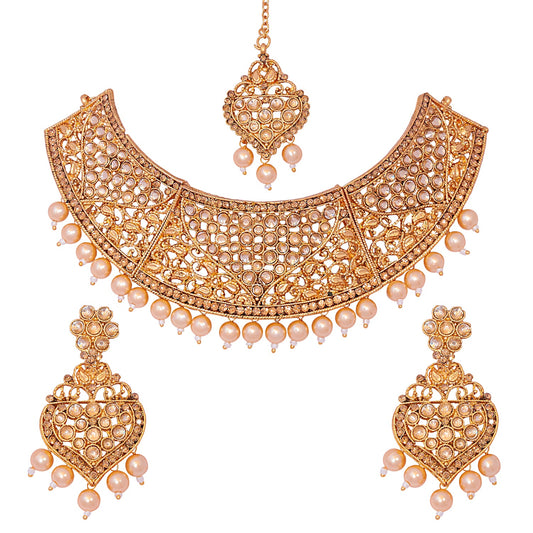 Traditional Indian 18K Antique Gold Plated One Gram Wedding Bridal Jewellery Combo Necklace Set with Tikka and Earrings for Women (SJ_2921_LC)