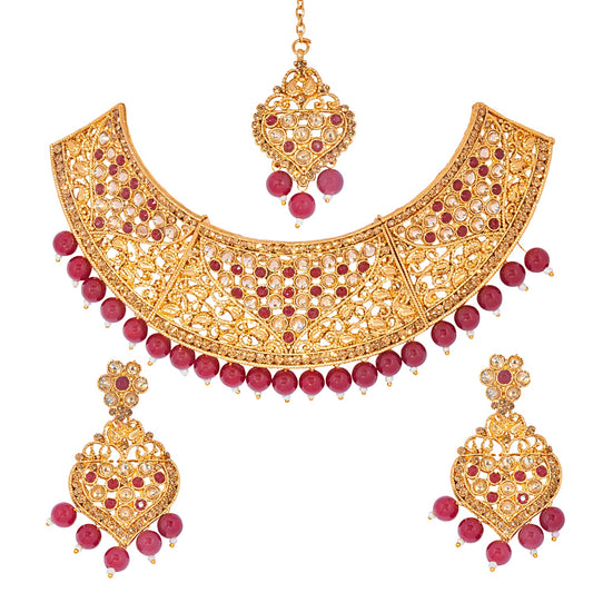 Traditional Indian 18K Antique Gold Plated One Gram Wedding Bridal Jewellery Combo Necklace Set with Tikka and Earrings for Women (SJ_2921_M)