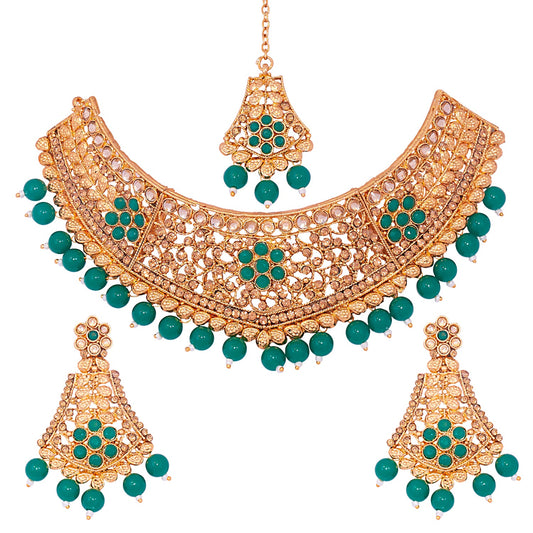 Traditional Indian 18K Antique Gold Plated One Gram Wedding Bridal Jewellery Combo Necklace Set with Tikka and Earrings for Women (SJ_2922_G)