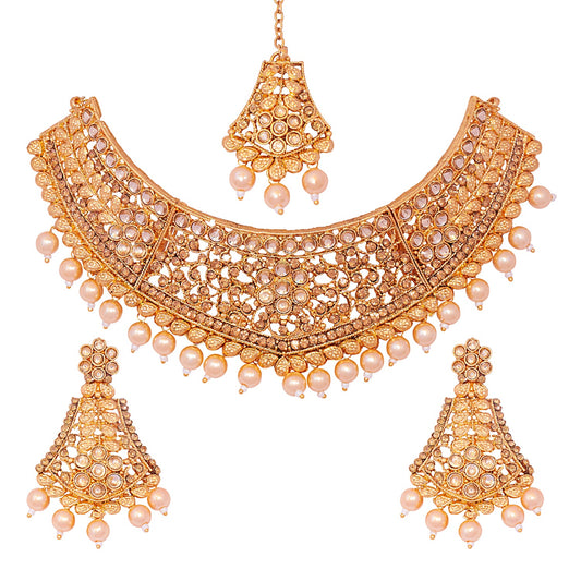 Traditional Indian 18K Antique Gold Plated One Gram Wedding Bridal Jewellery Combo Necklace Set with Tikka and Earrings for Women (SJ_2922_LC)