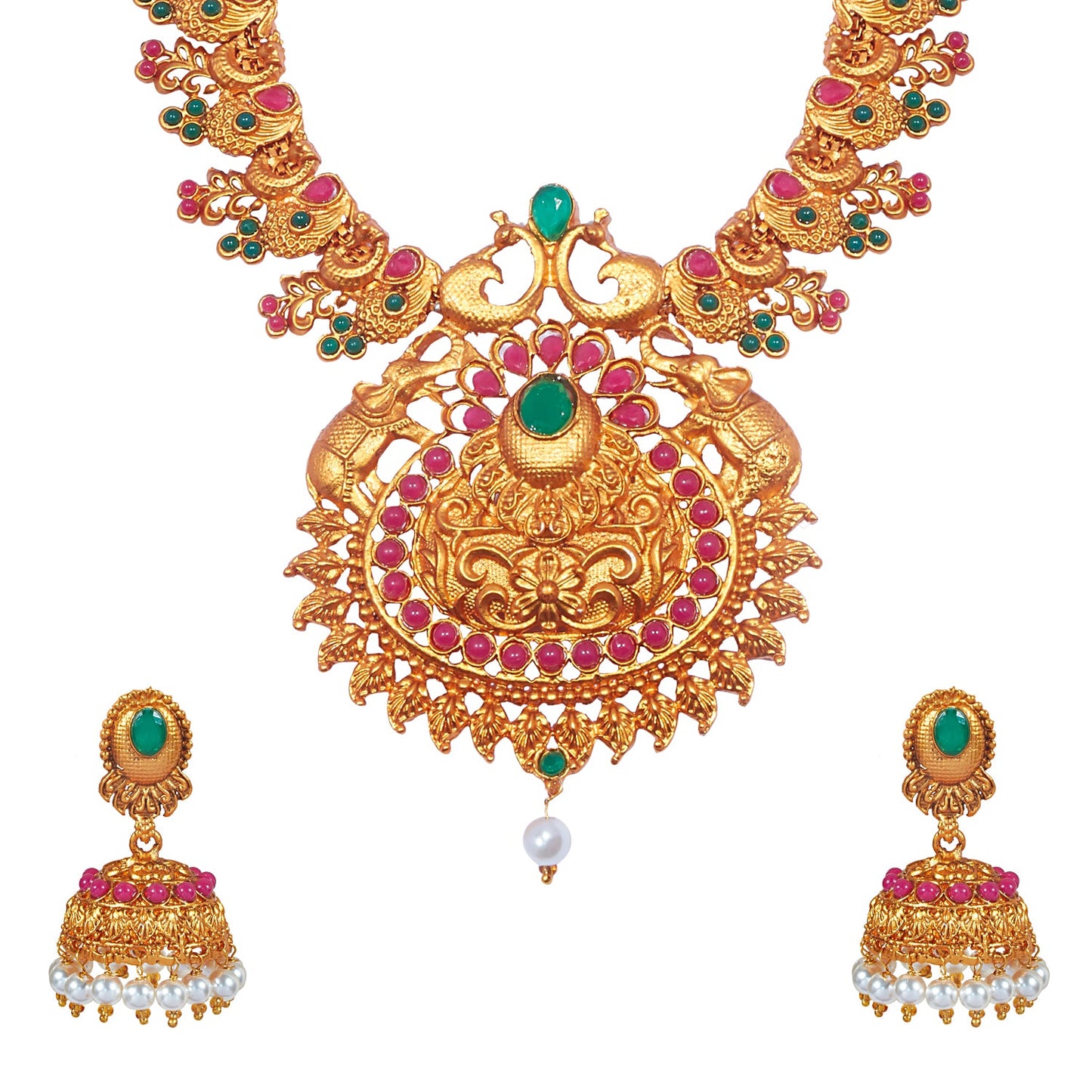 Handcrafted Antique Gold Temple Jewellery Combo Bridal Dulhan Necklace Set With Matching Earring & Pearls For Women (SJ_2925)