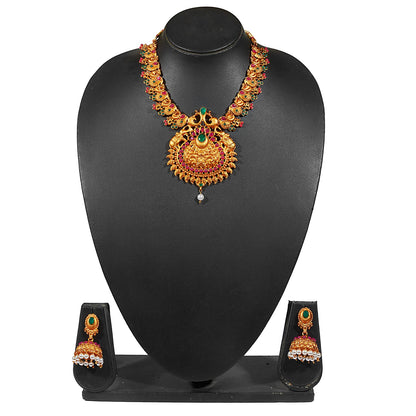 Handcrafted Antique Gold Temple Jewellery Combo Bridal Dulhan Necklace Set With Matching Earring & Pearls For Women (SJ_2925)