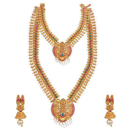 Shining Jewel Handcrafted Antique Gold Temple Jewellery Combo Bridal Dulhan Necklace Set With Matching Earring & Pearls For Women (SJ_2944)