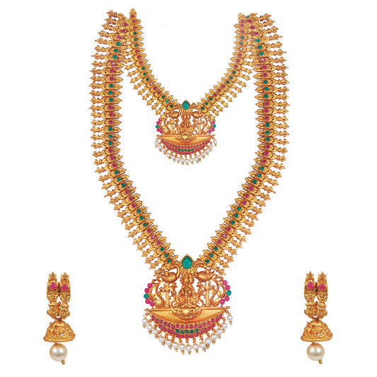 Shining Jewel Handcrafted Antique Gold Temple Jewellery Combo Bridal Dulhan Necklace Set With Matching Earring & Pearls For Women (SJ_2945)