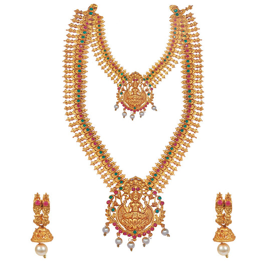 Shining Jewel Handcrafted Antique Gold Temple Jewellery Combo Bridal Dulhan Necklace Set With Matching Earring & Pearls For Women (SJ_2946)