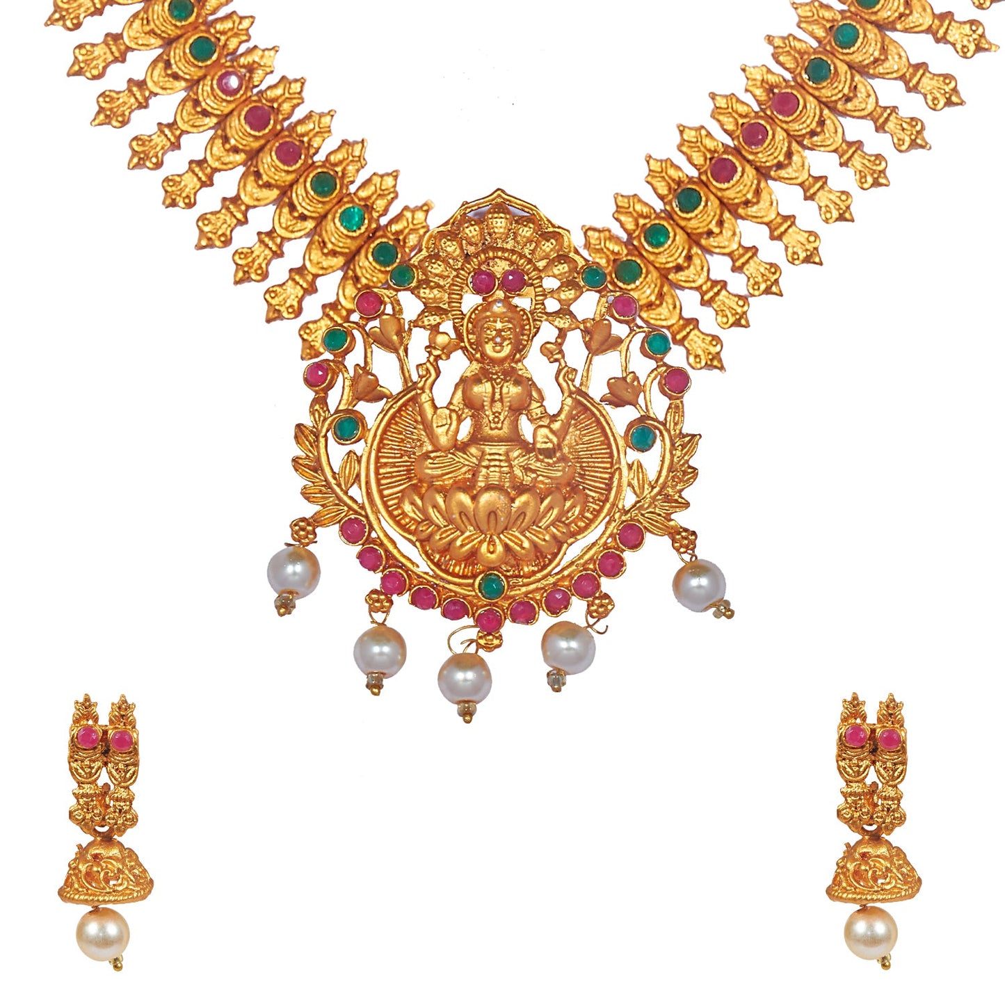 Shining Jewel Handcrafted Antique Gold Temple Jewellery Combo Bridal Dulhan Necklace Set With Matching Earring & Pearls For Women (SJ_2946)