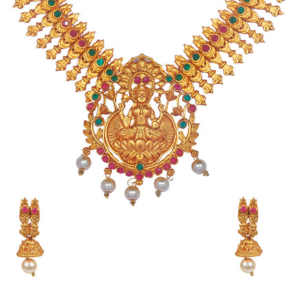 Shining Jewel Handcrafted Antique Gold Temple Jewellery Combo Bridal Dulhan Necklace Set With Matching Earring & Pearls For Women (SJ_2946)