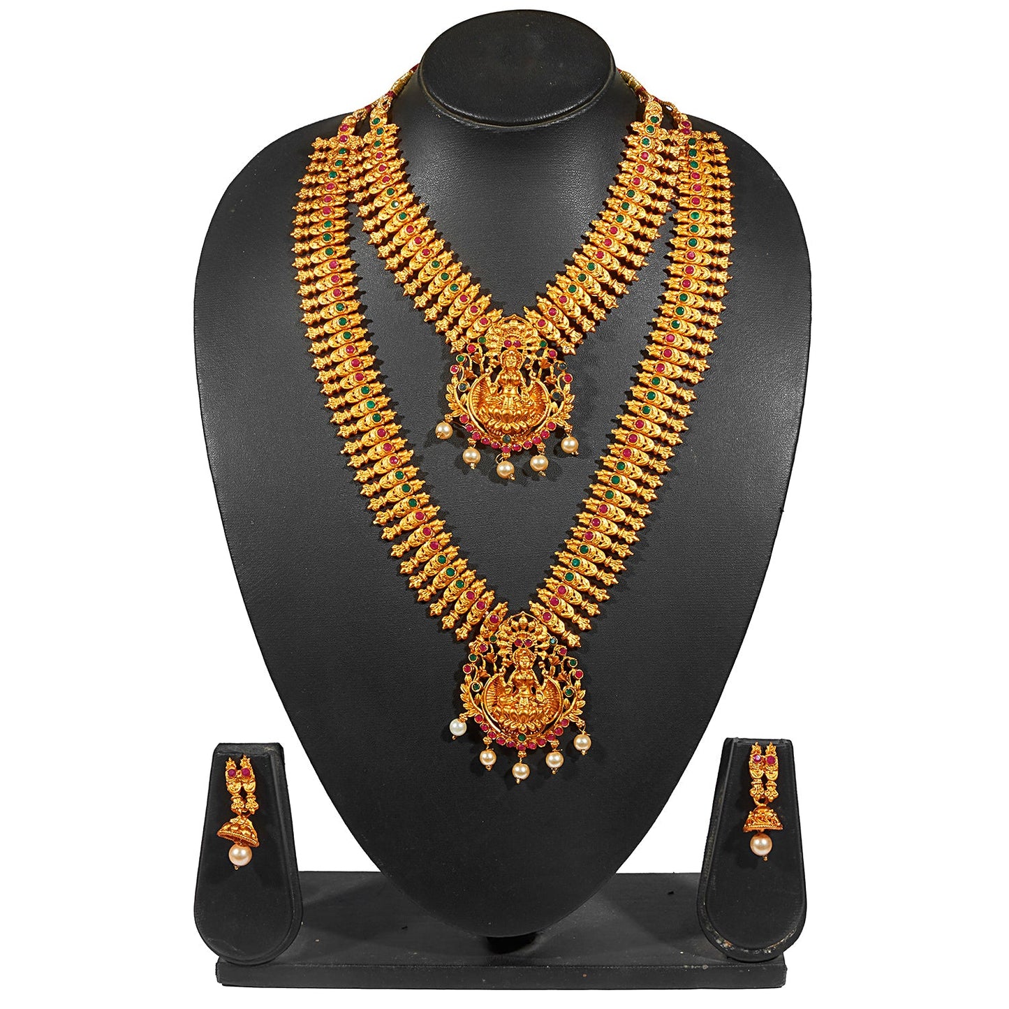 Shining Jewel Handcrafted Antique Gold Temple Jewellery Combo Bridal Dulhan Necklace Set With Matching Earring & Pearls For Women (SJ_2946)