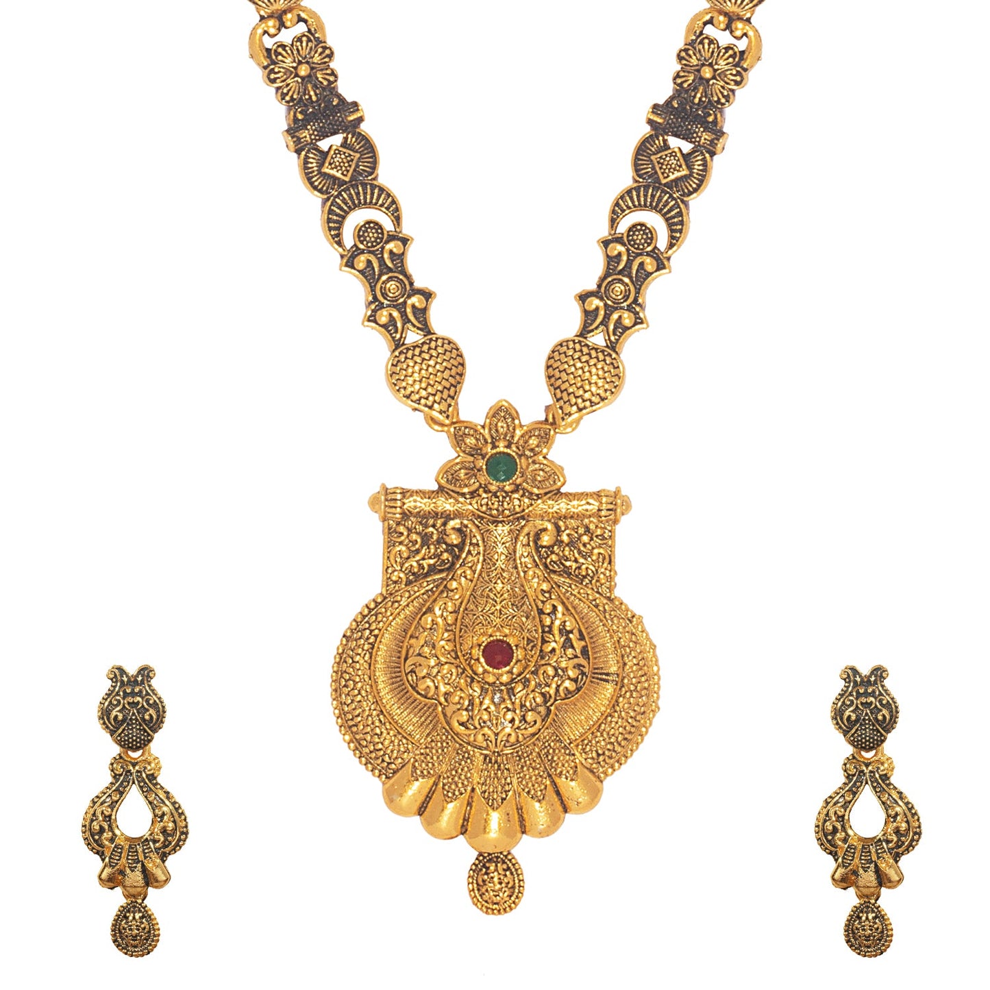 Shining Jewel Traditional Antique Gold Plated Temple Jewellery Designer Stylish Traditional Long Bridal Jewellery Necklace Set for Women (SJ_2961)