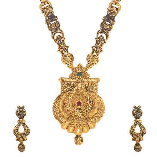 Shining Jewel Traditional Antique Gold Plated Temple Jewellery Designer Stylish Traditional Long Bridal Jewellery Necklace Set for Women (SJ_2961)