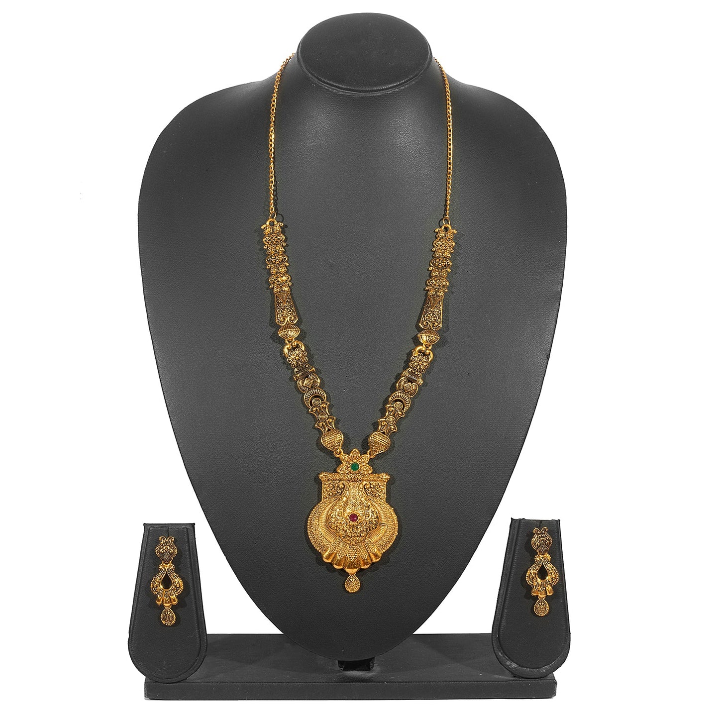 Shining Jewel Traditional Antique Gold Plated Temple Jewellery Designer Stylish Traditional Long Bridal Jewellery Necklace Set for Women (SJ_2961)