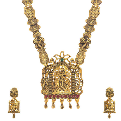 Shining Jewel Traditional Antique Gold Plated Lord Krishna Temple Jewellery Designer Stylish Traditional Long Bridal Jewellery Necklace Set for Women (SJ_2962)