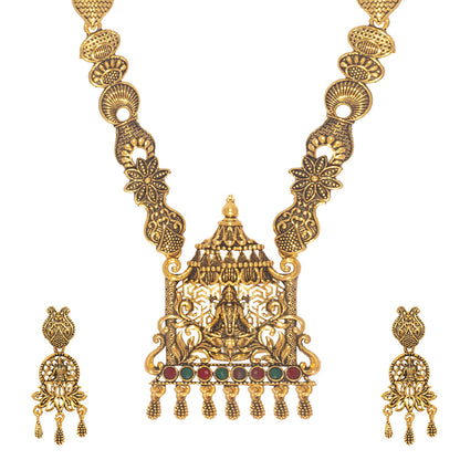 Shining Jewel Traditional Antique Gold Plated Godess Lakshmi Temple Jewellery Designer Stylish Traditional Long Bridal Jewellery Necklace Set for Women (SJ_2963)