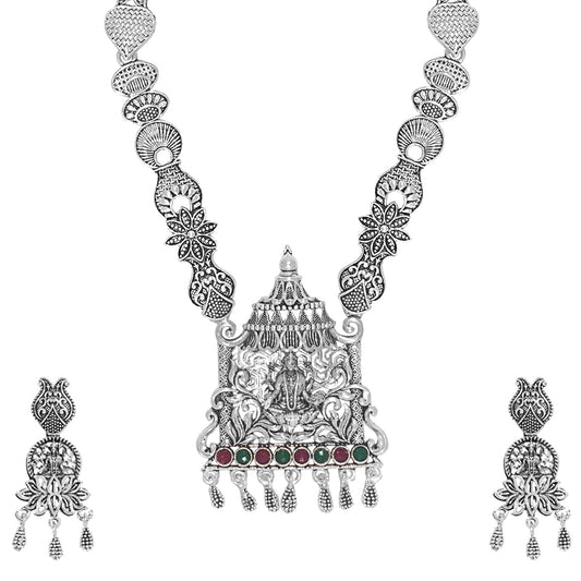 Shining Jewel Traditional Antique Silver Plated Godess Lakshmi Temple Jewellery Designer Stylish Traditional Long Bridal Jewellery Necklace Set for Women (SJ_2965)