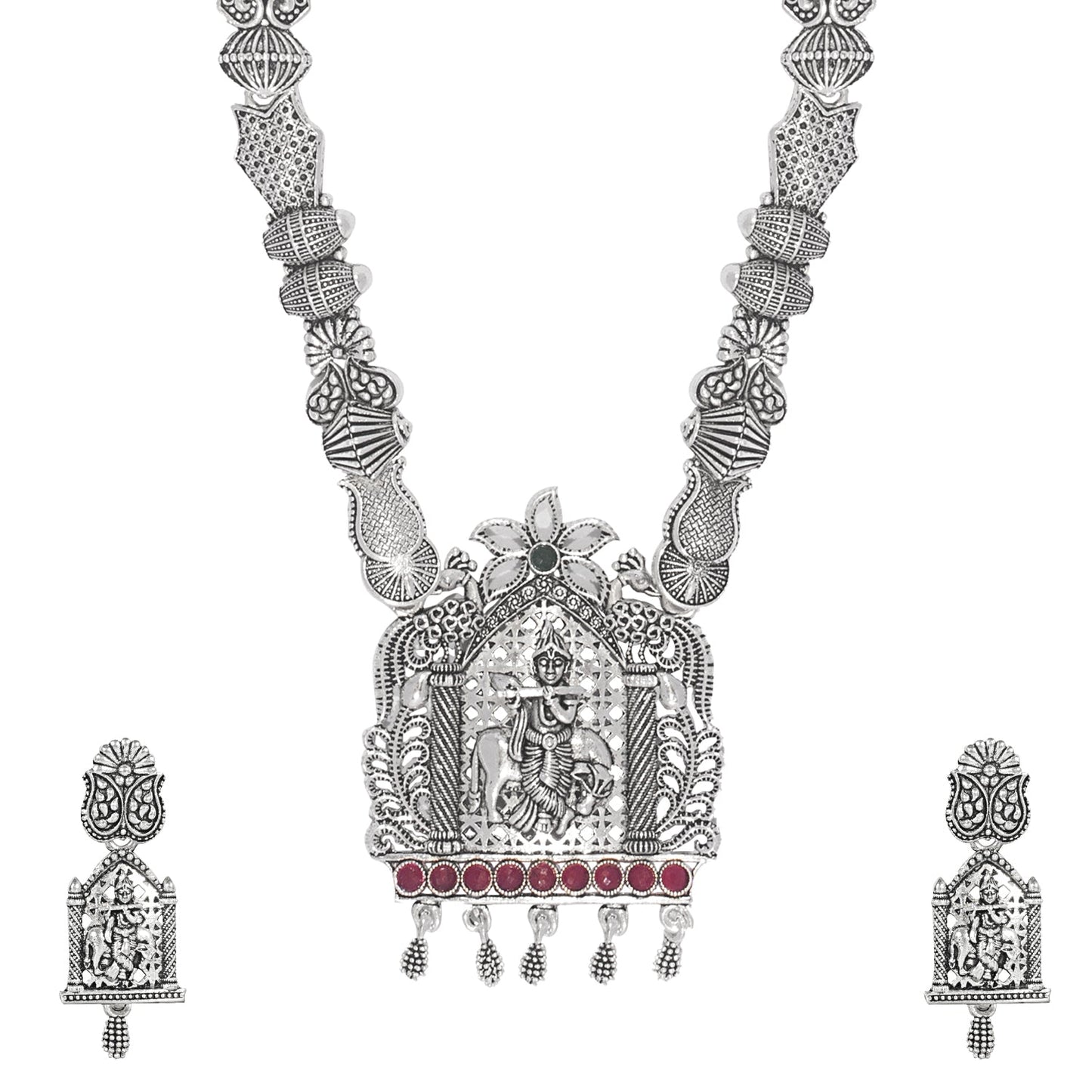 Shining Jewel Traditional Antique Silver Plated Lord Krishna Temple Jewellery Designer Stylish Traditional Long Bridal Jewellery Necklace Set for Women (SJ_2966)