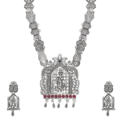 Shining Jewel Traditional Antique Silver Plated Lord Krishna Temple Jewellery Designer Stylish Traditional Long Bridal Jewellery Necklace Set for Women (SJ_2966)