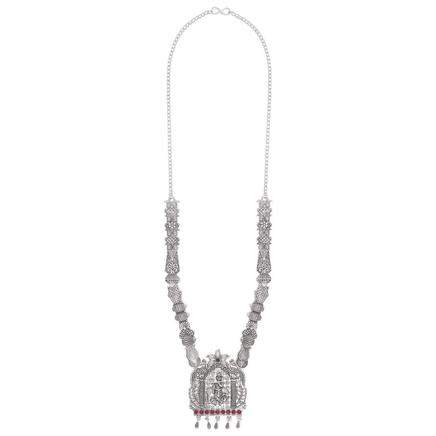 Shining Jewel Traditional Antique Silver Plated Lord Krishna Temple Jewellery Designer Stylish Traditional Long Bridal Jewellery Necklace Set for Women (SJ_2966)