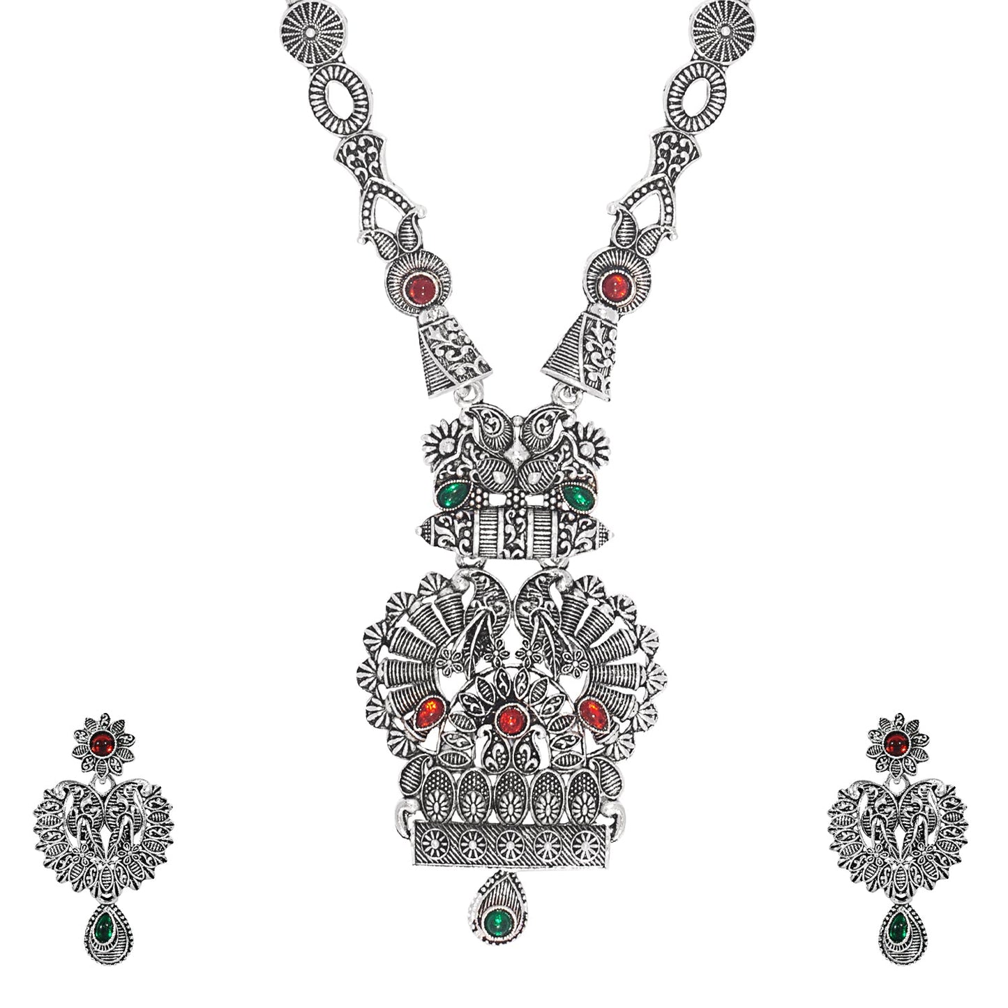 Shining Jewel Traditional Antique Silver Plated Temple Jewellery Designer Stylish Traditional Long Bridal Jewellery Necklace Set for Women (SJ_2967)