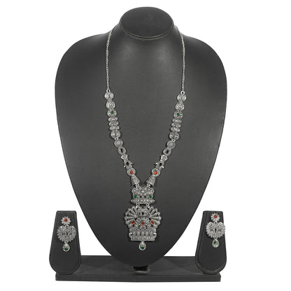 Shining Jewel Traditional Antique Silver Plated Temple Jewellery Designer Stylish Traditional Long Bridal Jewellery Necklace Set for Women (SJ_2967)