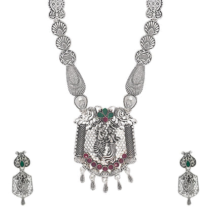 Shining Jewel Traditional Antique Silver Plated Lord Krishna Temple Jewellery Designer Stylish Traditional Long Bridal Jewellery Necklace Set for Women (SJ_2968)