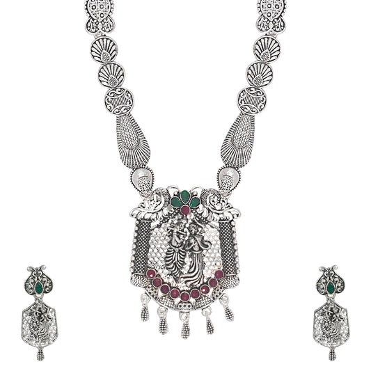 Shining Jewel Traditional Antique Silver Plated Lord Krishna Temple Jewellery Designer Stylish Traditional Long Bridal Jewellery Necklace Set for Women (SJ_2968)