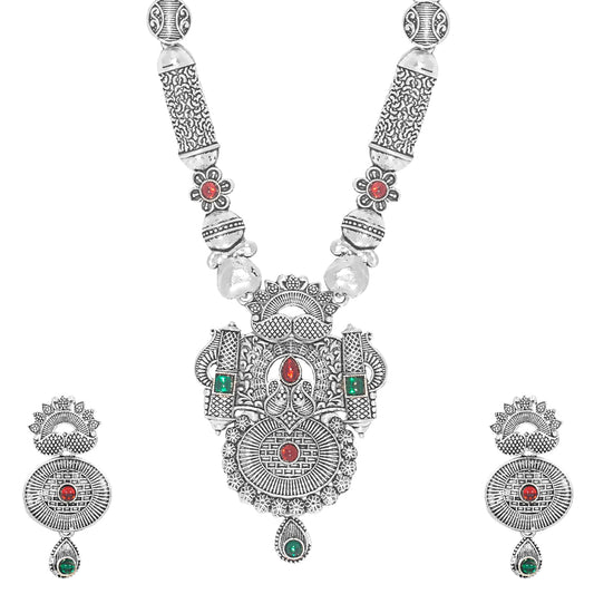 Shining Jewel Traditional Antique Silver Plated Temple Jewellery Designer Stylish Traditional Long Bridal Jewellery Necklace Set for Women (SJ_2969)