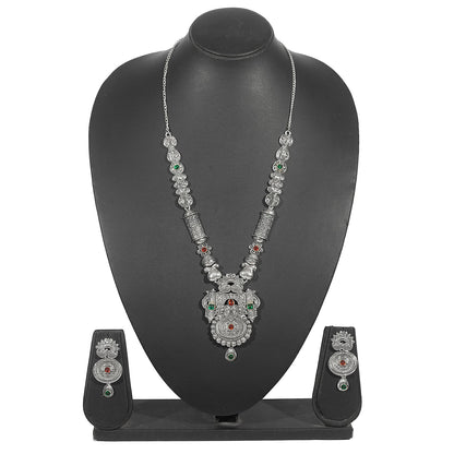 Shining Jewel Traditional Antique Silver Plated Temple Jewellery Designer Stylish Traditional Long Bridal Jewellery Necklace Set for Women (SJ_2969)