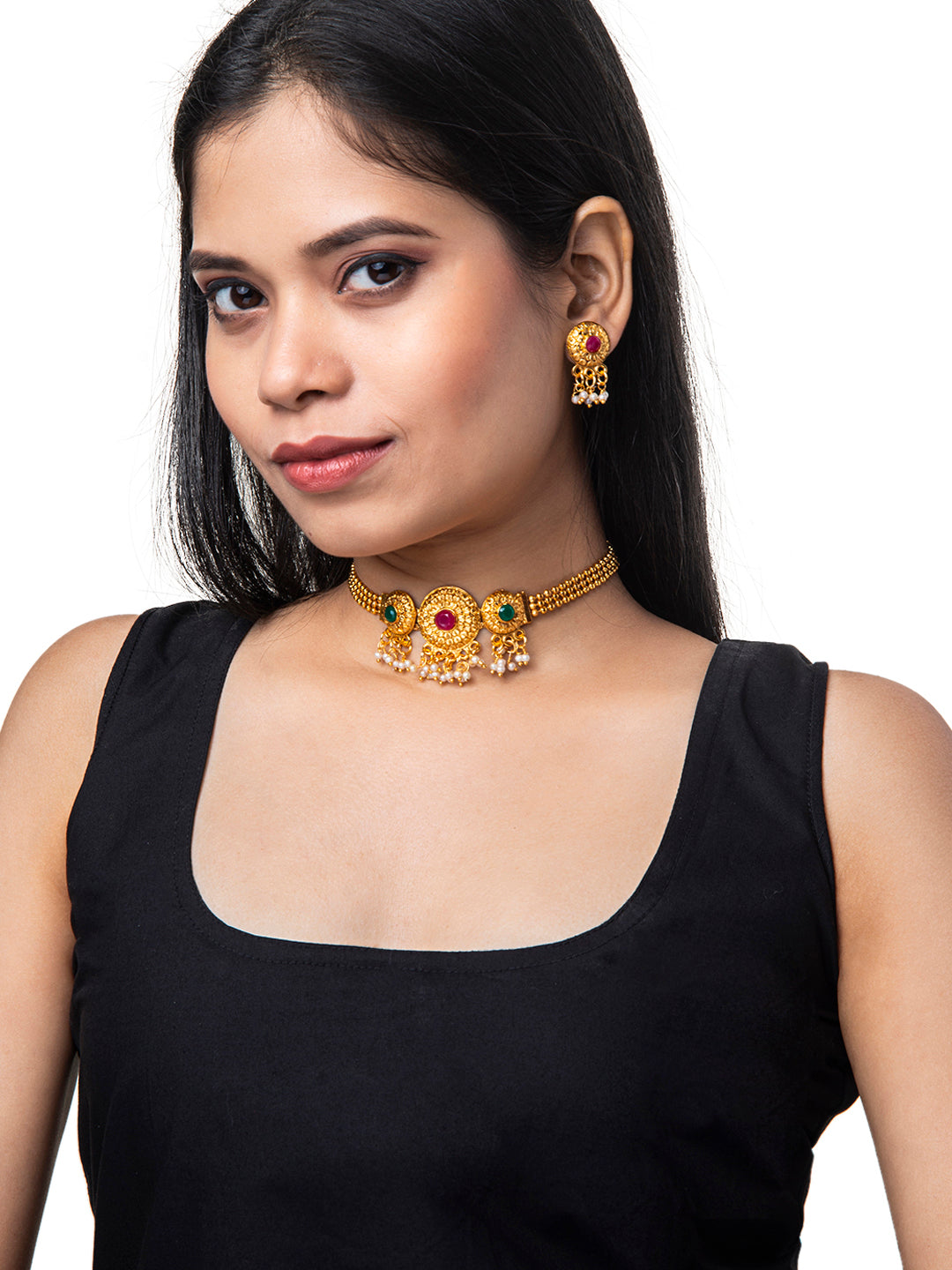 Shining Jewel Designer Gold Plated Stylish Traditional Ethnic Thushi Choker Necklace Jewellery Set for Women (SJ_2974)