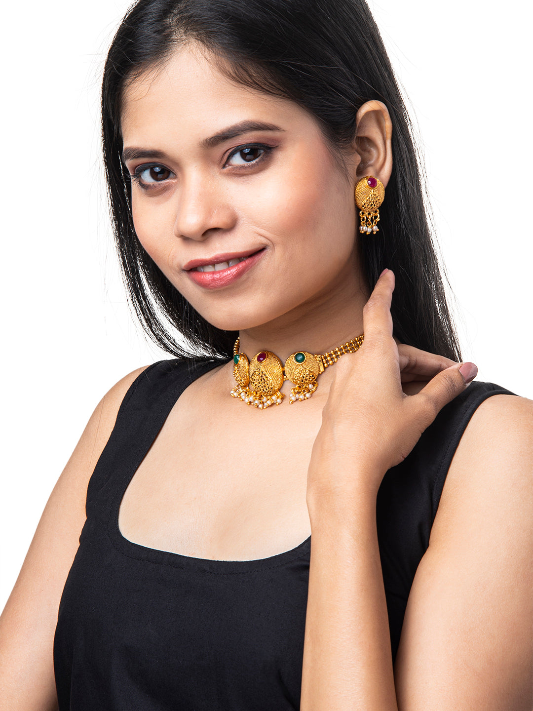 Shining Jewel Designer Gold Plated Stylish Traditional Ethnic Thushi Choker Necklace Jewellery Set for Women (SJ_2981)