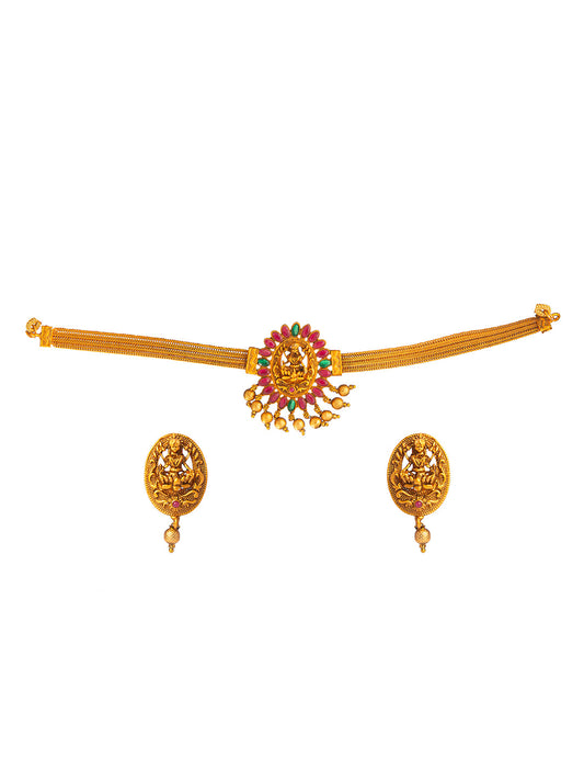 Shining Jewel Designer Gold Plated Godess Lakshmi Stylish Traditional Ethnic Thushi Choker Necklace Jewellery Set for Women (SJ_2983)