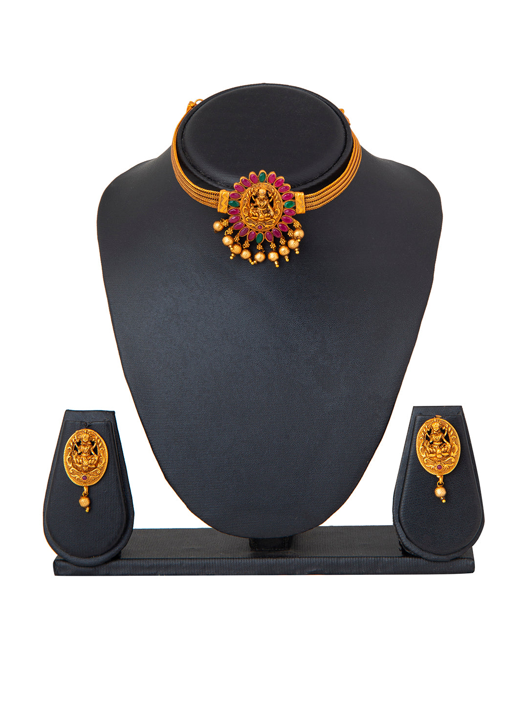 Shining Jewel Designer Gold Plated Godess Lakshmi Stylish Traditional Ethnic Thushi Choker Necklace Jewellery Set for Women (SJ_2983)