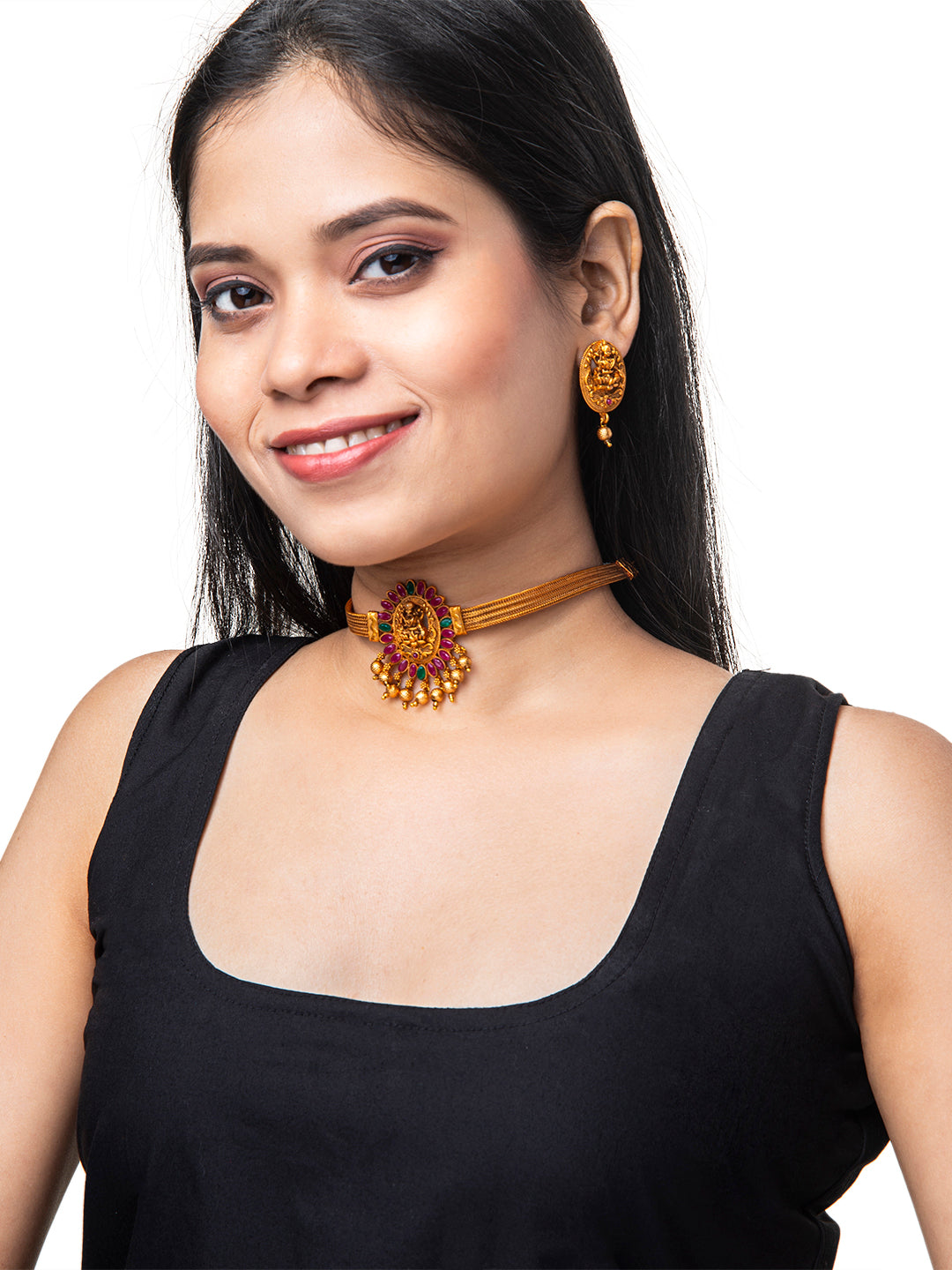 Shining Jewel Designer Gold Plated Godess Lakshmi Stylish Traditional Ethnic Thushi Choker Necklace Jewellery Set for Women (SJ_2983)