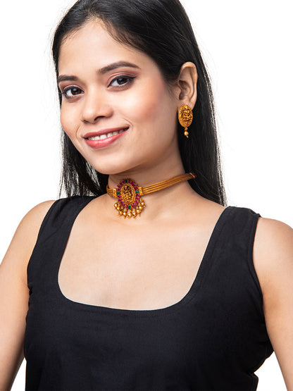 Shining Jewel Designer Gold Plated Godess Lakshmi Stylish Traditional Ethnic Thushi Choker Necklace Jewellery Set for Women (SJ_2983)