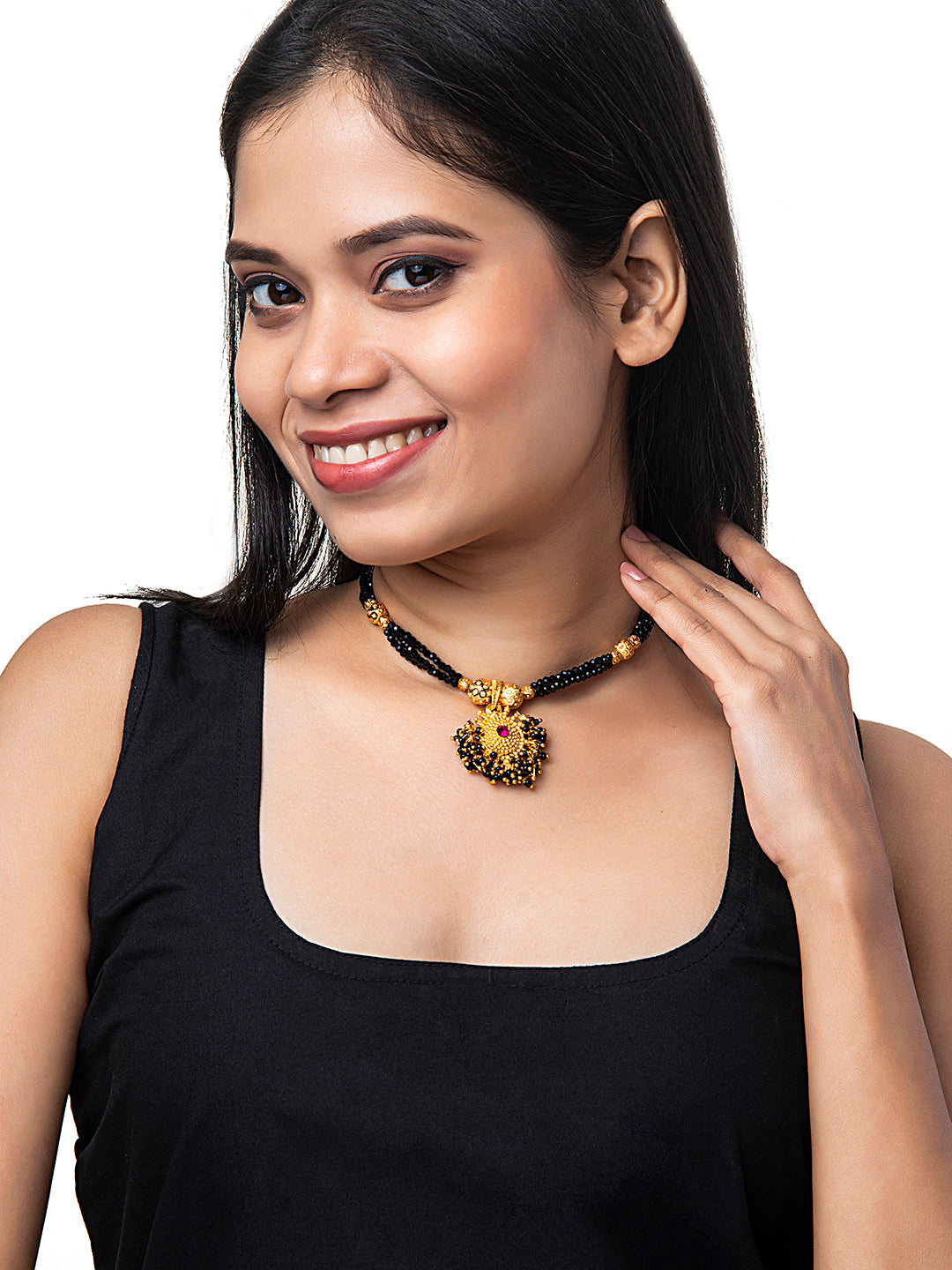 Shining Jewel Gold Plated Traditional Black Beads Mangalsutra Thushi Necklace For Women & Girls (SJ_2998_BK)