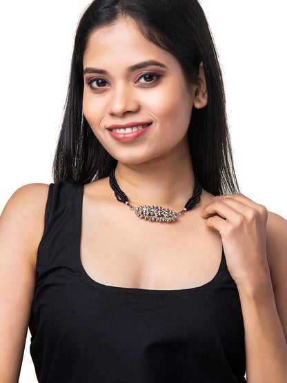Shining Jewel Silver Oxidised Traditional Black Beads Thushi Mangalsutra Necklace For Women & Girls (SJ_2999_S)