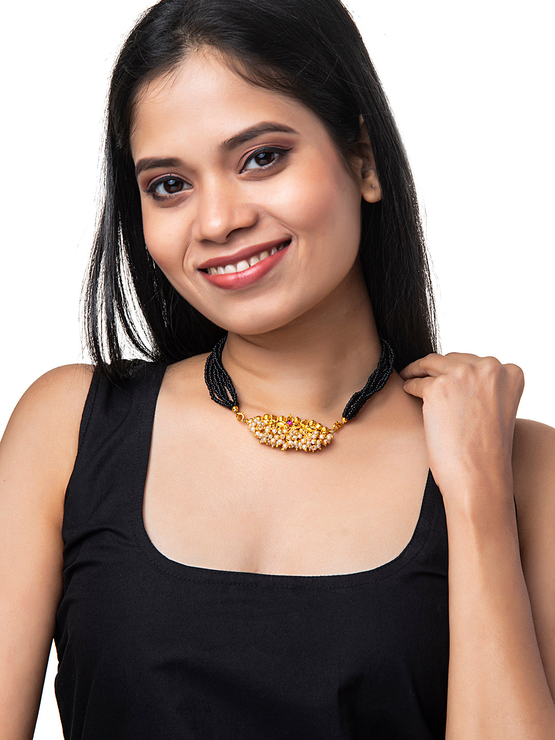 Shining Jewel Gold Plated Traditional Black Beads Thushi Mangalsutra Necklace For Women & Girls (SJ_2999_W)