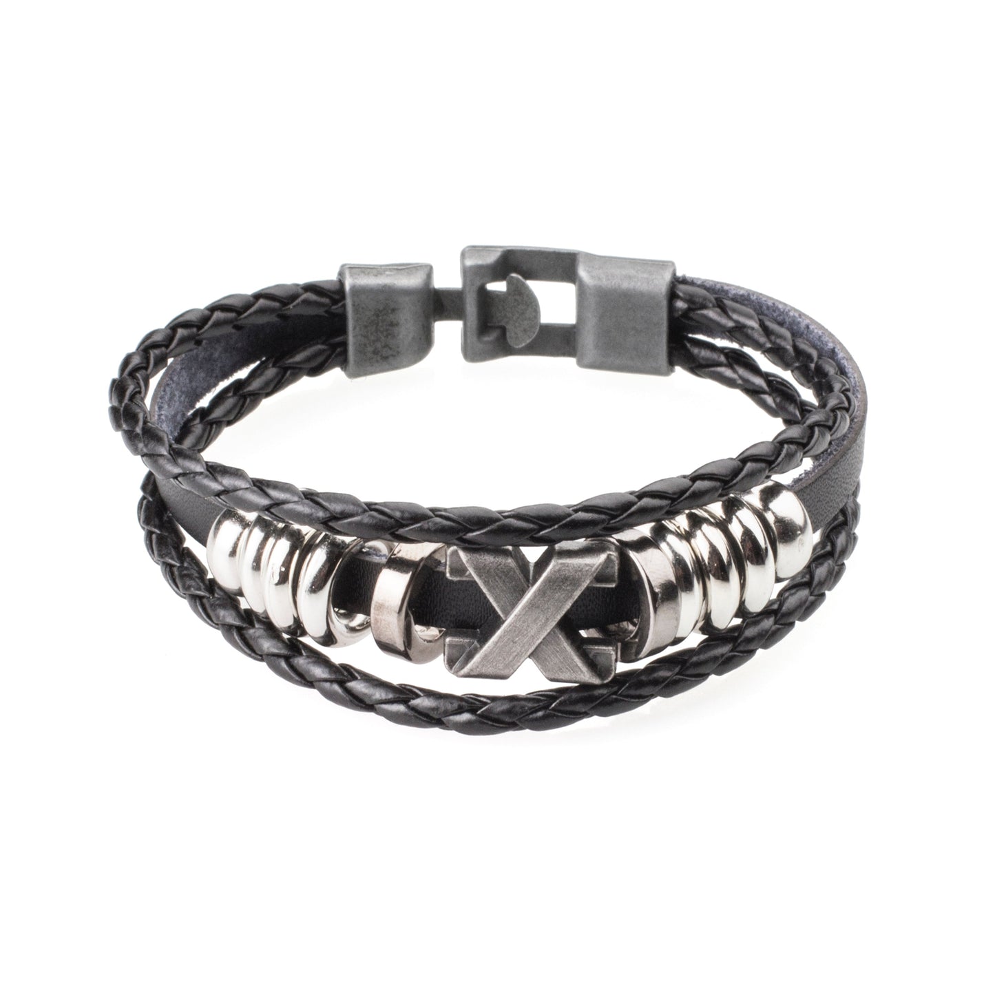 Multilayer Braided Leather Bracelet for Men / Boys with Stainless Steel Cross Charm (SJ_3233_BK)
