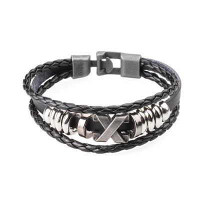 Multilayer Braided Leather Bracelet for Men / Boys with Stainless Steel Cross Charm (SJ_3233_BK)